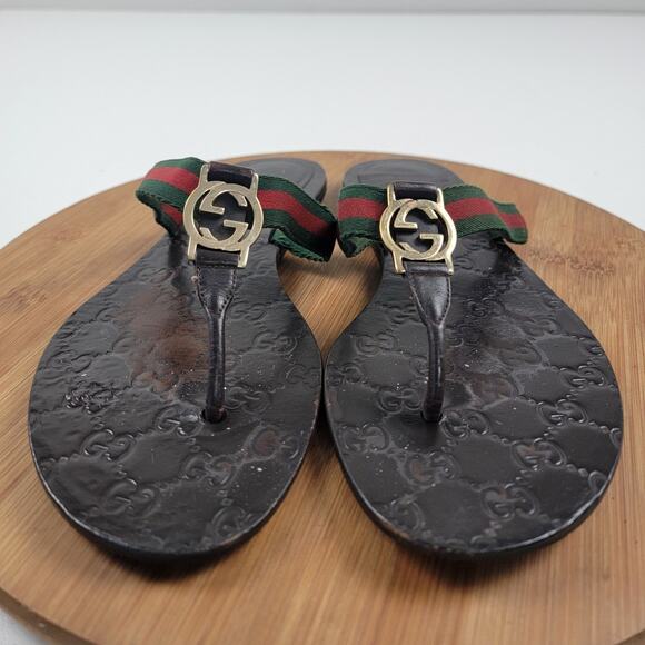 Gucci GG Web Stripe Thong Sandal Dark Brown Monogram Women’s EU 41 US 10 - Picture 2 of 15
